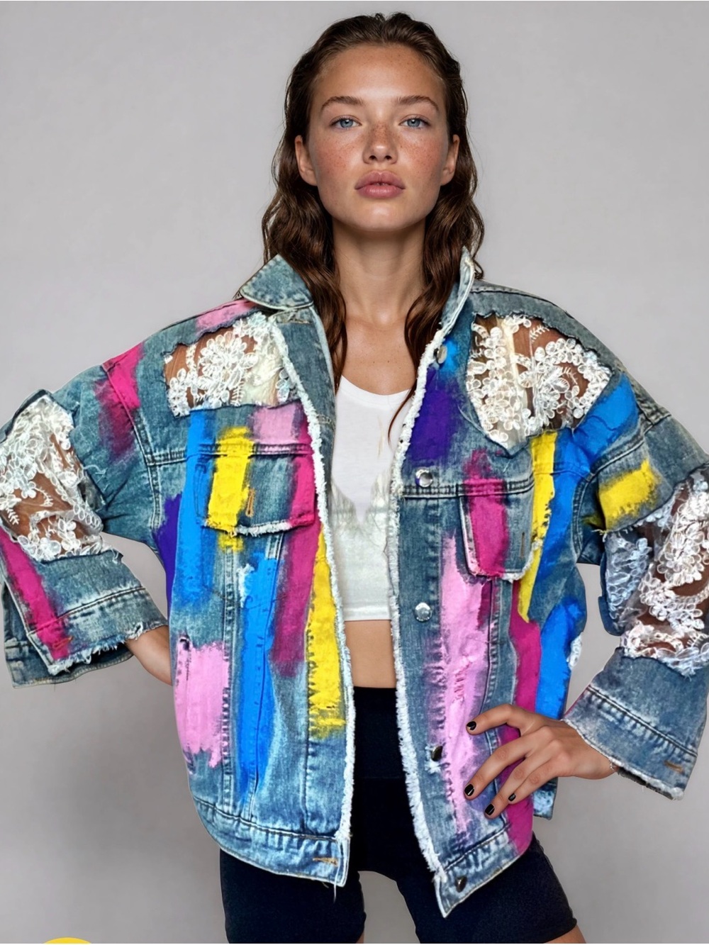 Wren + Glory Paint-Striped Lace-Inset Denim Jacket  custom size M NWOT